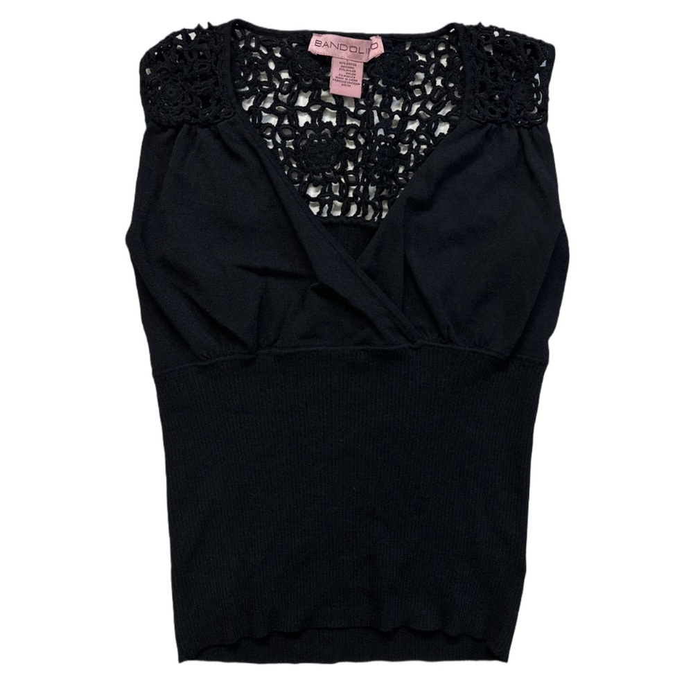 Y2K BANDOLINO women's black ribbed floral crochet detail tank, L.